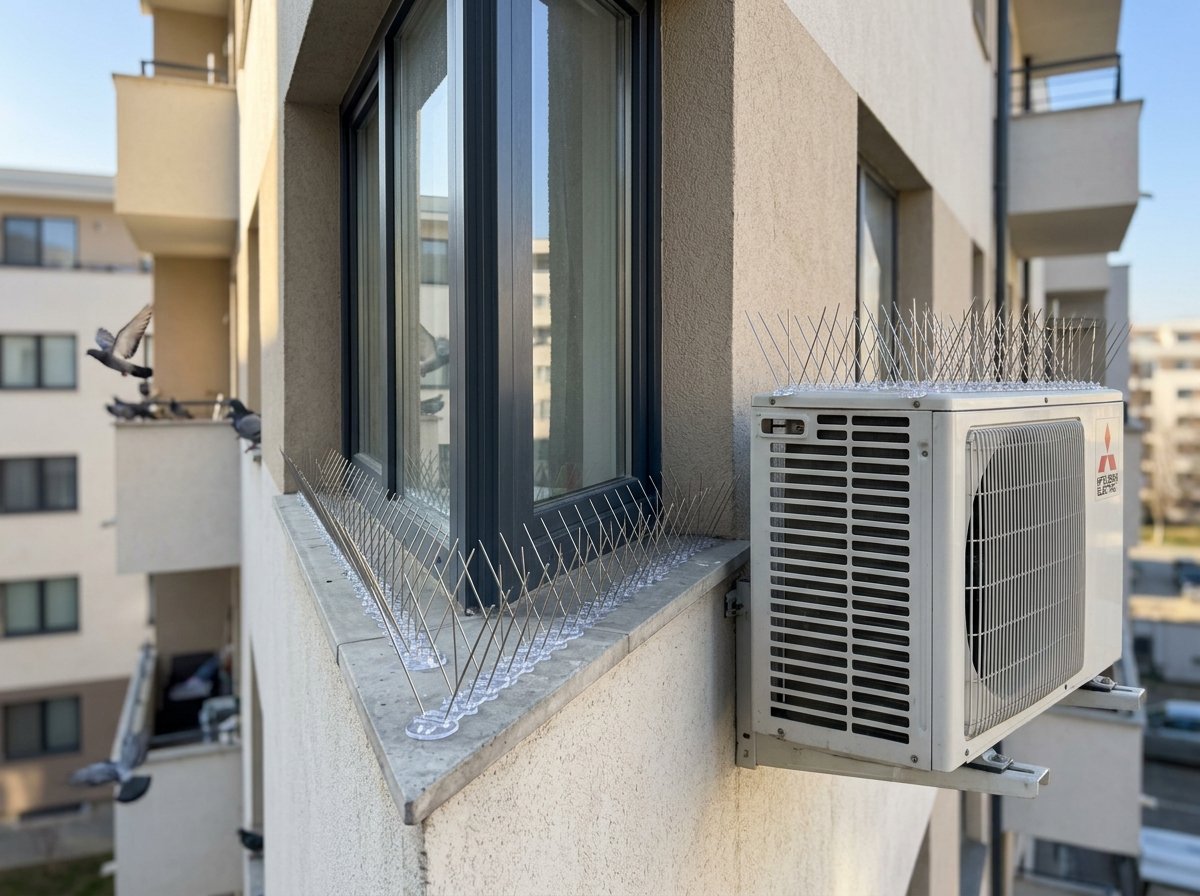 Stainless steel 304 bird spikes installed on window AC unit and apartment parapet ledge