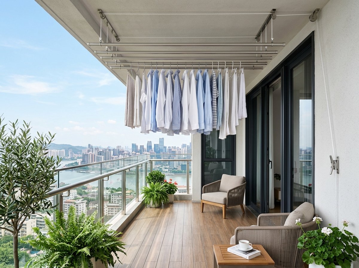 Modern stainless steel ceiling pulley cloth drying hanger installed in luxury apartment balcony